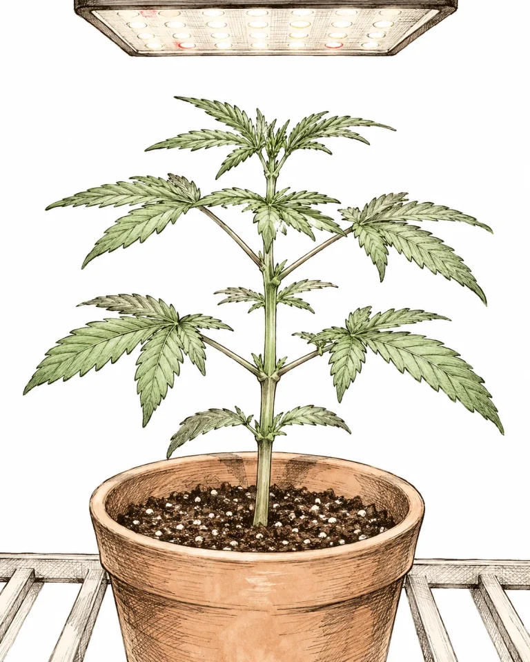 FIM Methode Cannabis Bild 2 — Der ideale Zeitpunkt für FIMing ist erreicht, sobald die Pflanze vier bis fünf Knotenpaare ausgebildet hat