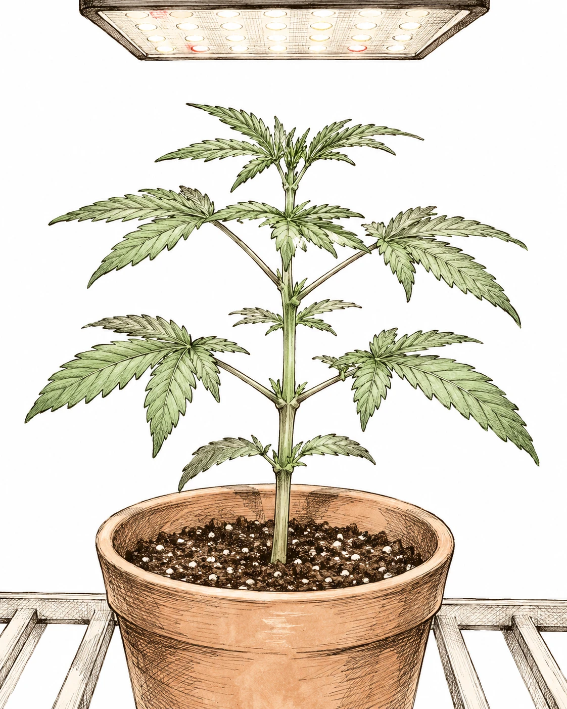 FIM Methode Cannabis Bild 2 — Der ideale Zeitpunkt für FIMing ist erreicht, sobald die Pflanze vier bis fünf Knotenpaare ausgebildet hat