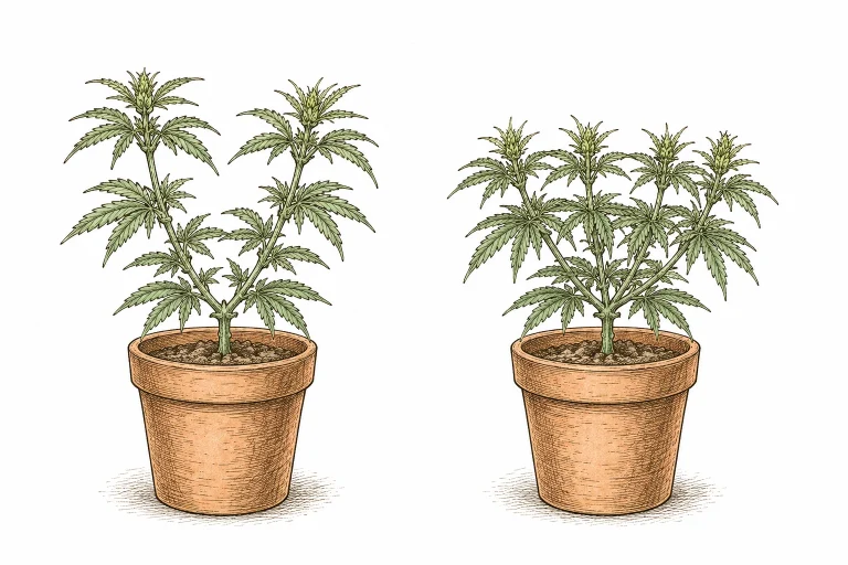 FIM Methode Cannabis Bild 4 — Der Unterschied zum Topping: FIMing hinterlässt vier statt zwei neue Triebe, da nur ein Teil des Gewebes entfernt wird