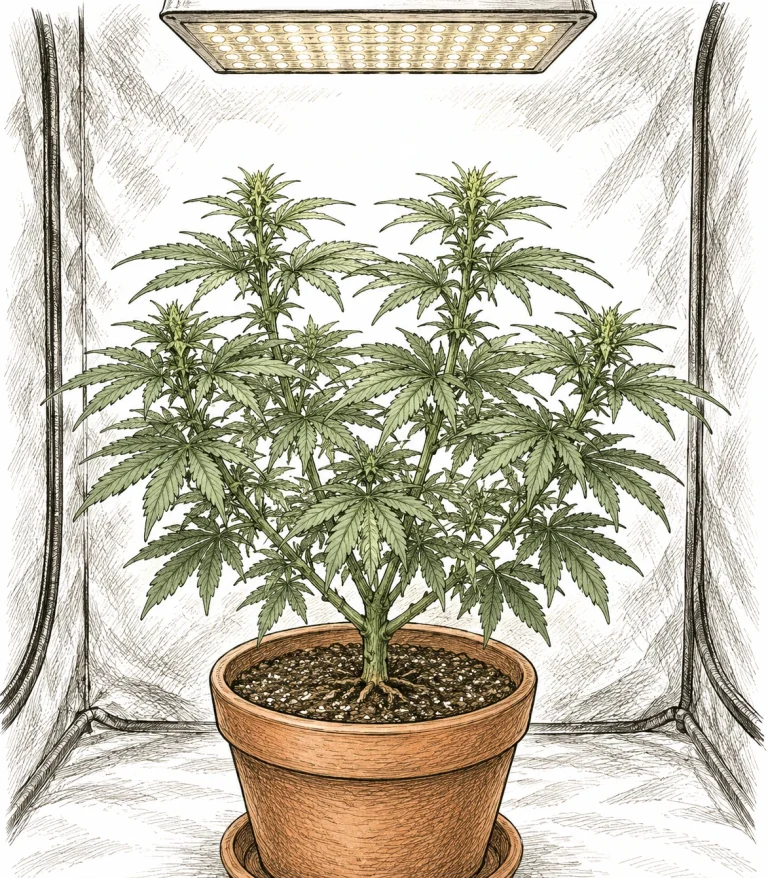 FIM Methode Cannabis Bild 5 — Mehrere Wochen nach dem FIM-Schnitt haben sich vier gleichmäßig starke Haupttriebe entwickelt