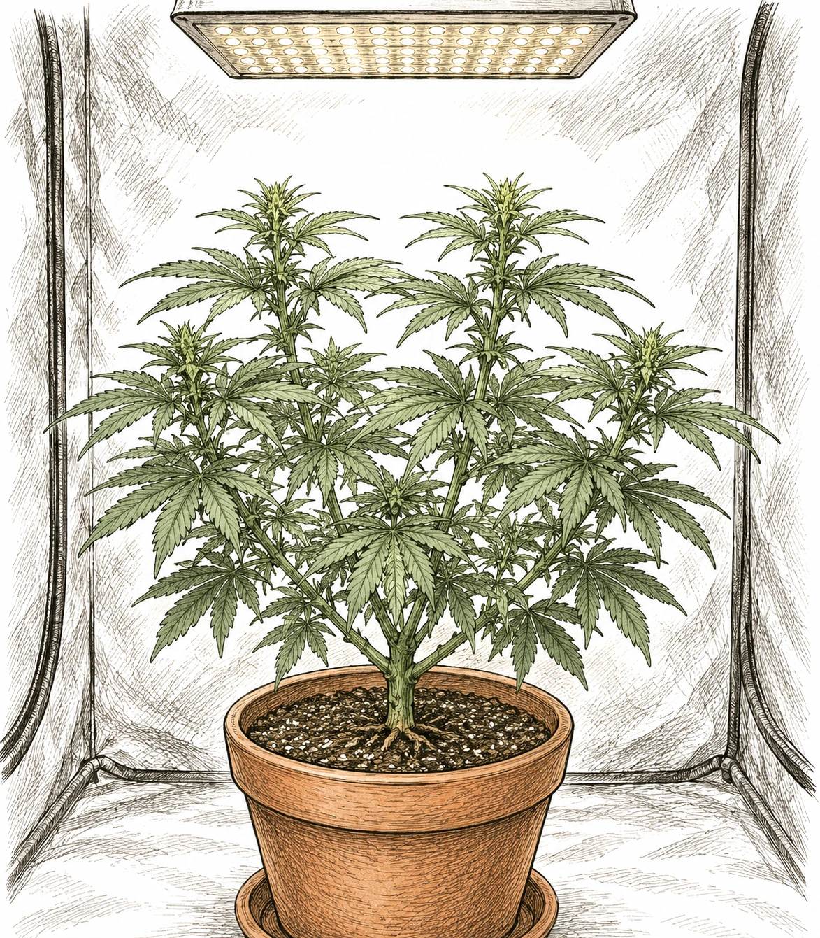 FIM Methode Cannabis Bild 5 — Mehrere Wochen nach dem FIM-Schnitt haben sich vier gleichmäßig starke Haupttriebe entwickelt