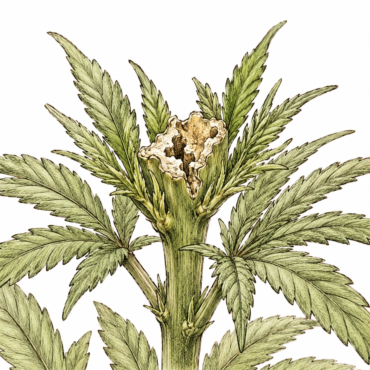 FIM Methode Cannabis Bild 6 — Wird zu viel Gewebe entfernt, wirkt der Schnitt unregelmäßig und ausgefranst