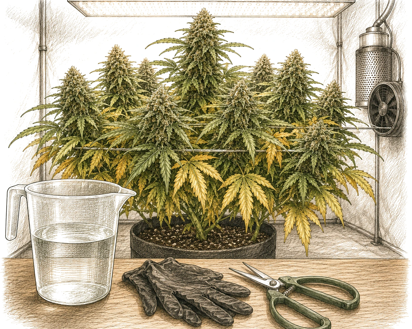 Cannabis Growroom Erntevorbereitung Schere Handschuhe