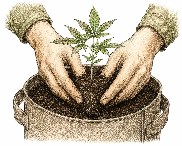 Cannabis Jungpflanze einpflanzen in Substrat