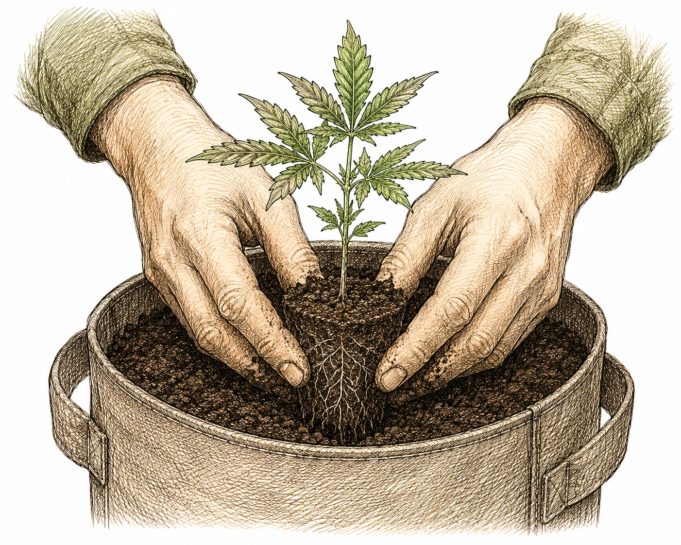 Cannabis Jungpflanze einpflanzen in Substrat