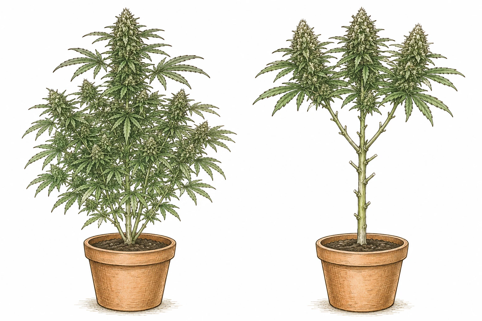 Cannabis Lollipopping Bild 1 — Vor dem Lollipopping trägt die Pflanze viele kleine untere Äste (links)