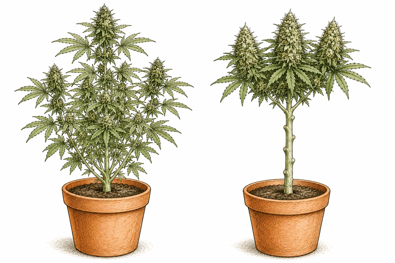 Cannabis Lollipopping Bild 4 — Im Vergleich: unbehandelt mit vielen unteren Ästen (links) und nach Lollipopping mit freiem Stamm und dicken oberen Kolas (rechts)