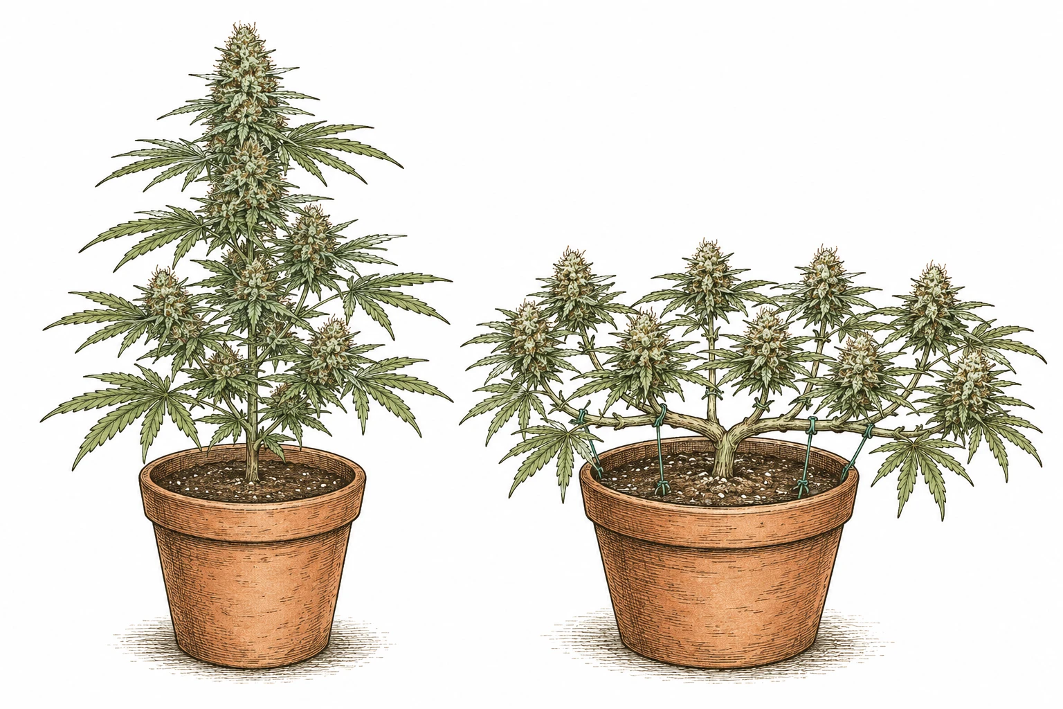 Cannabis LST Bild 1 — Ohne Training wächst Cannabis pyramidenförmig mit einer dominanten Kola (links)