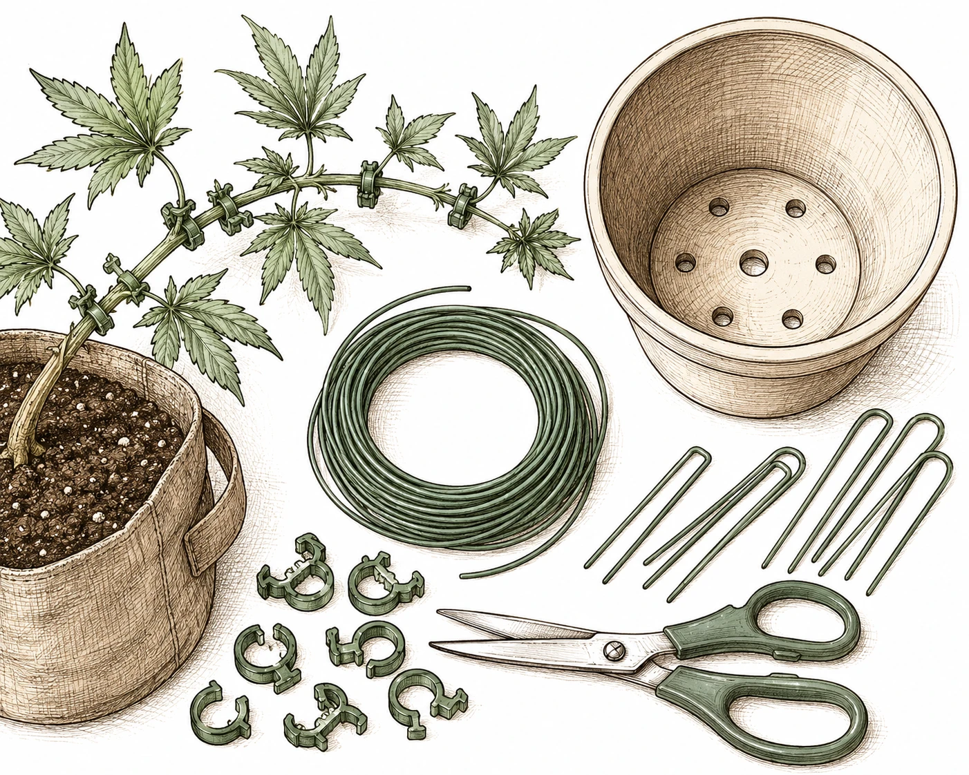 Cannabis LST Bild 2 — Das Grundmaterial für LST: weiche Gartendrähte, Drahtbügel, Pflanzenclips und ein Topf mit Löchern am Rand zum Fixieren der Äste