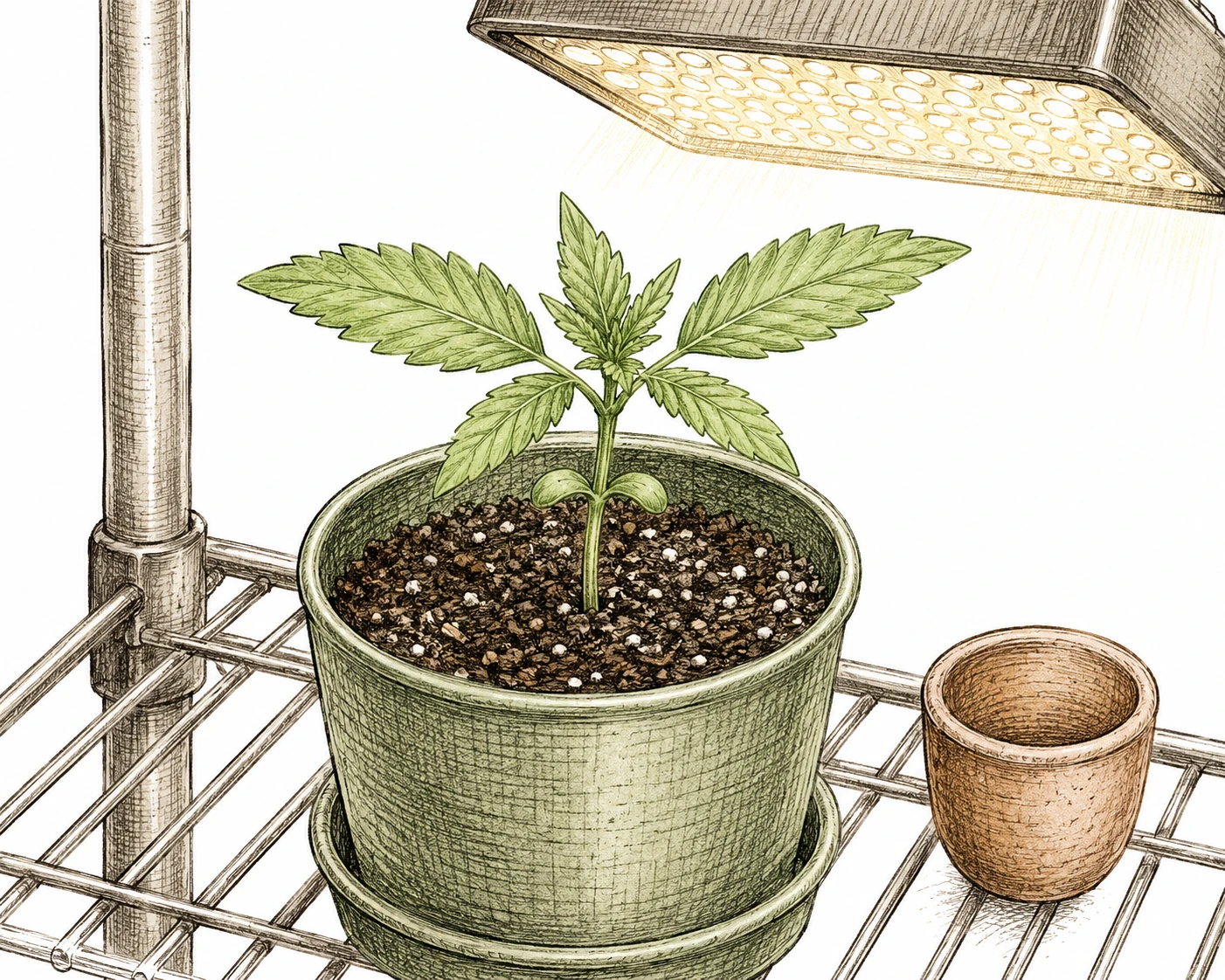Cannabis LST Bild 3 — Ab der dritten Woche, sobald das dritte Blattpaar sichtbar ist, ist die Pflanze stabil genug für die ersten LST-Biegungen