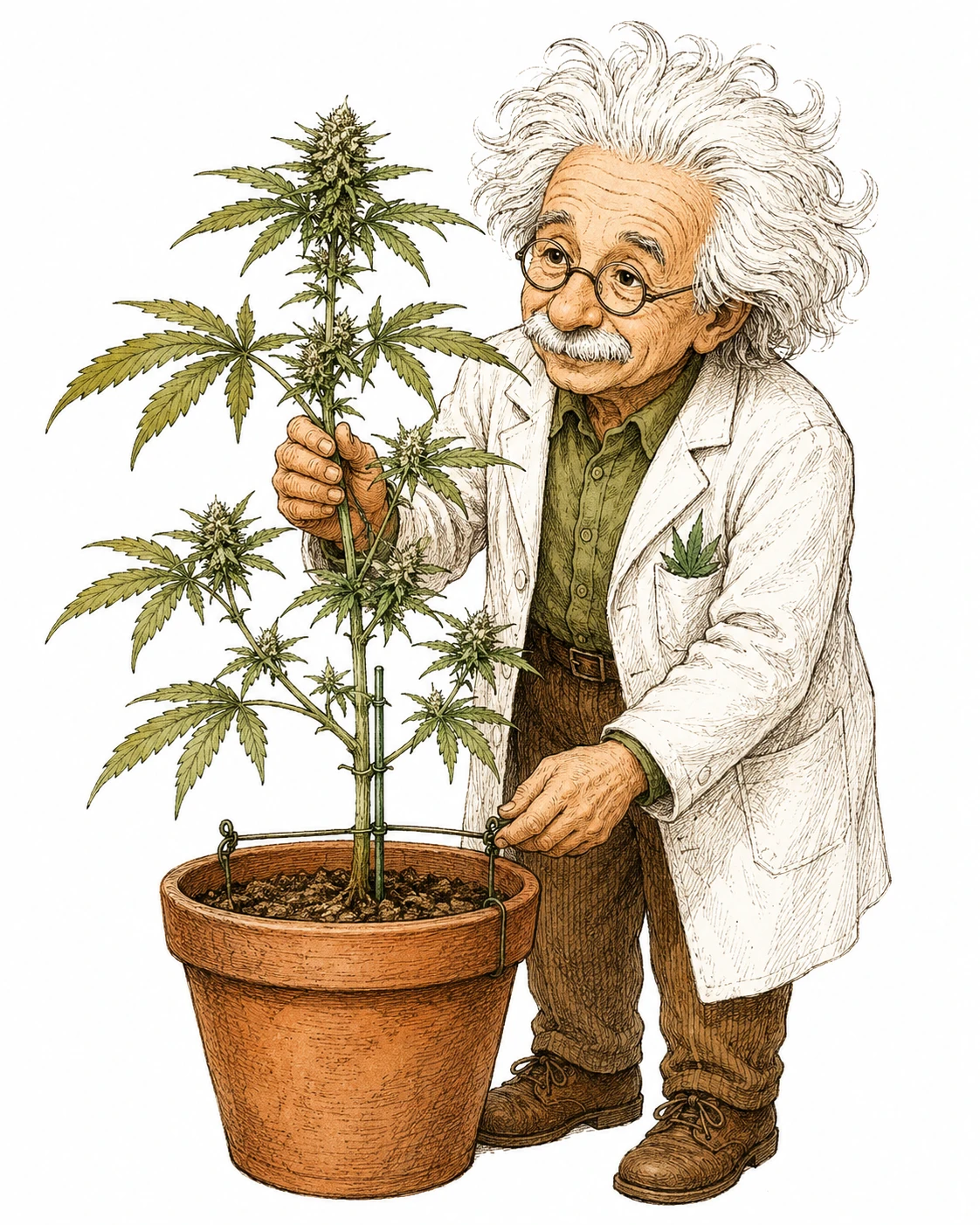 Cannabis LST Bild 4 — Der Haupttrieb wird sanft zur Seite gebogen und der Draht am Topfrand fixiert