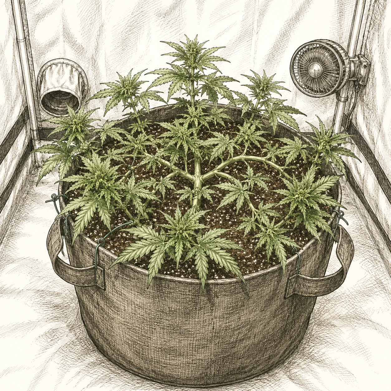 Cannabis LST Bild 5 — Auch Autoflowering-Pflanzen profitieren von LST: Durch das Biegen der Äste entsteht trotz kurzer Wachstumsphase eine gleichmäßige Lichtebene