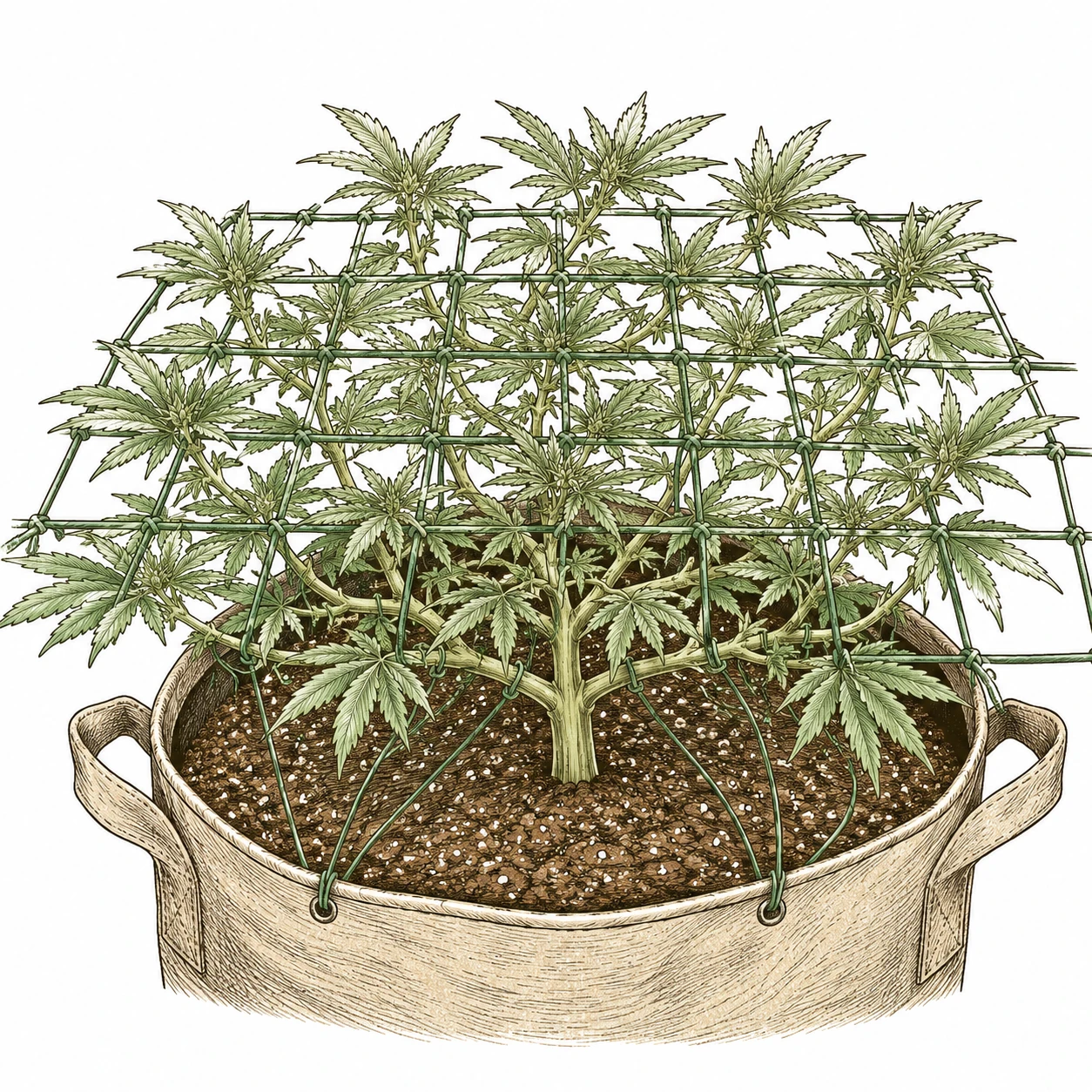 Cannabis LST Bild 6 — LST und SCRoG lassen sich kombinieren: Die Drähte am Topfrand halten die Grundstruktur, während das Netz die Feinverteilung übernimmt