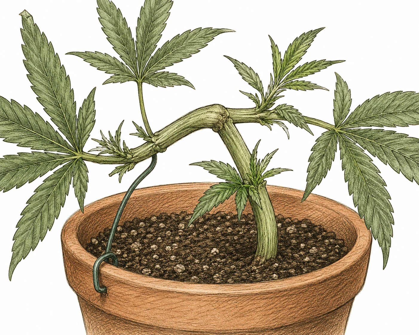 Cannabis LST Bild 7 — Ein zu stark gebogener Trieb kann knicken