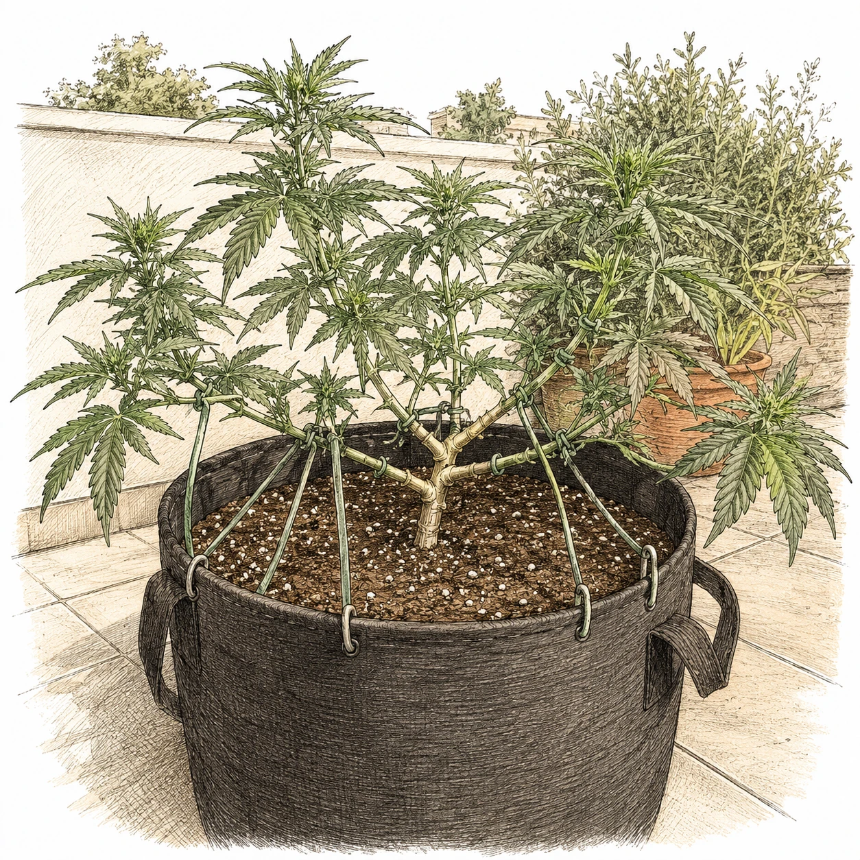 Cannabis LST Bild 8 — Auch im Freiland lässt sich LST anwenden: Pflanzenbinder am Topfrand halten die Äste in der gewünschten Position