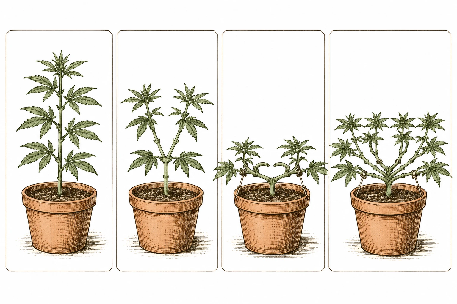 Cannabis Mainlining Bild 3 — Der Mainlining-Ablauf in vier Schritten: vor dem ersten Topping, nach dem ersten Topping, nach dem LST-Biegen und die fertige Acht-Ast-Struktur kurz vor der Blüte