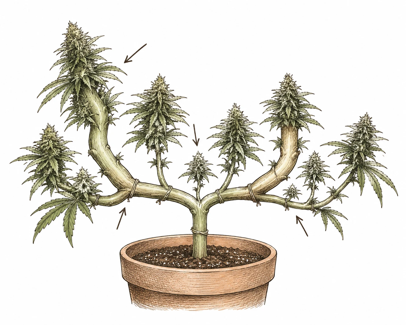 Cannabis Mainlining Bild 4 — Ein schiefes, ungleichmäßiges Manifold mit deutlich unterschiedlich dicken Ästen ist ein Warnsignal, dass die Struktur nachjustiert werden sollte
