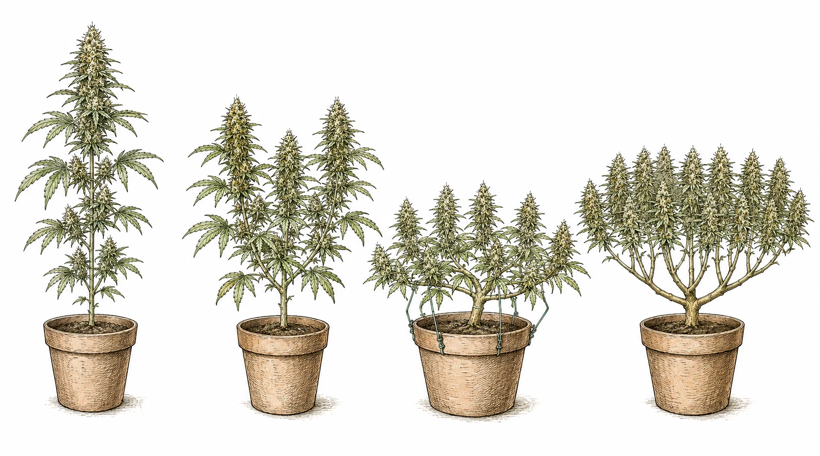 Cannabis Mainlining Bild 5 — Im direkten Vergleich unterscheiden sich natürlicher Wuchs, Topping, LST und Mainlining deutlich in Kola-Anzahl und Canopy-Gleichmäßigkeit
