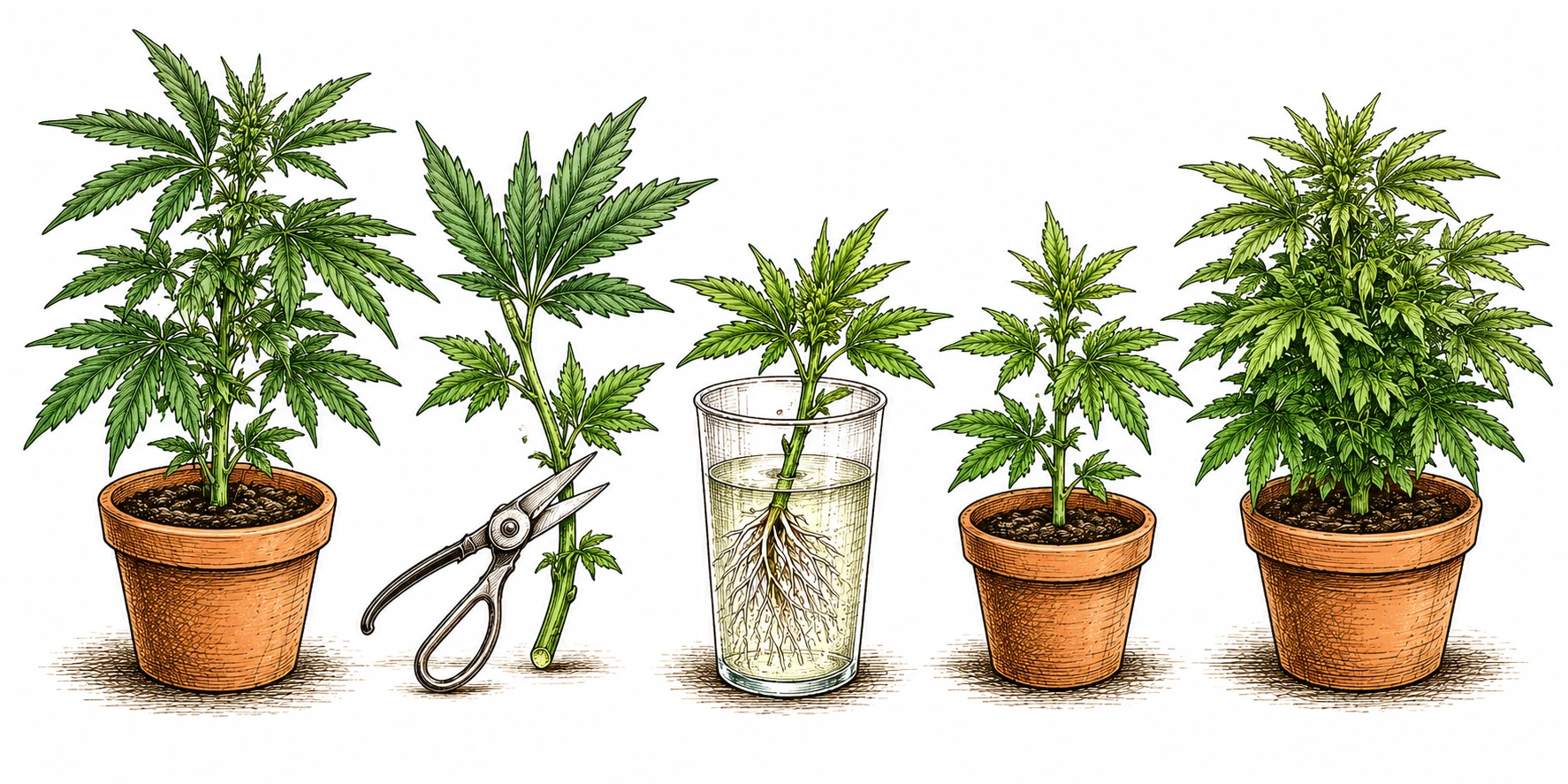 Cannabis Monster Cropping Bild 1 — Der Ablauf von Monster Cropping: Steckling aus der Blütephase schneiden, bewurzeln, in die Vegetation zurückversetzen (Re-Vegging) und zu einer extrem buschigen Pflanze heranwachsen lassen