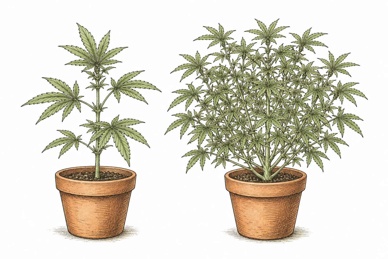 Cannabis Monster Cropping Bild 3 — Ein klassischer vegetativer Klon wächst mit wenigen Ästen (links), ein Monster-Cropping-Klon dagegen extrem buschig und stark verzweigt (rechts)