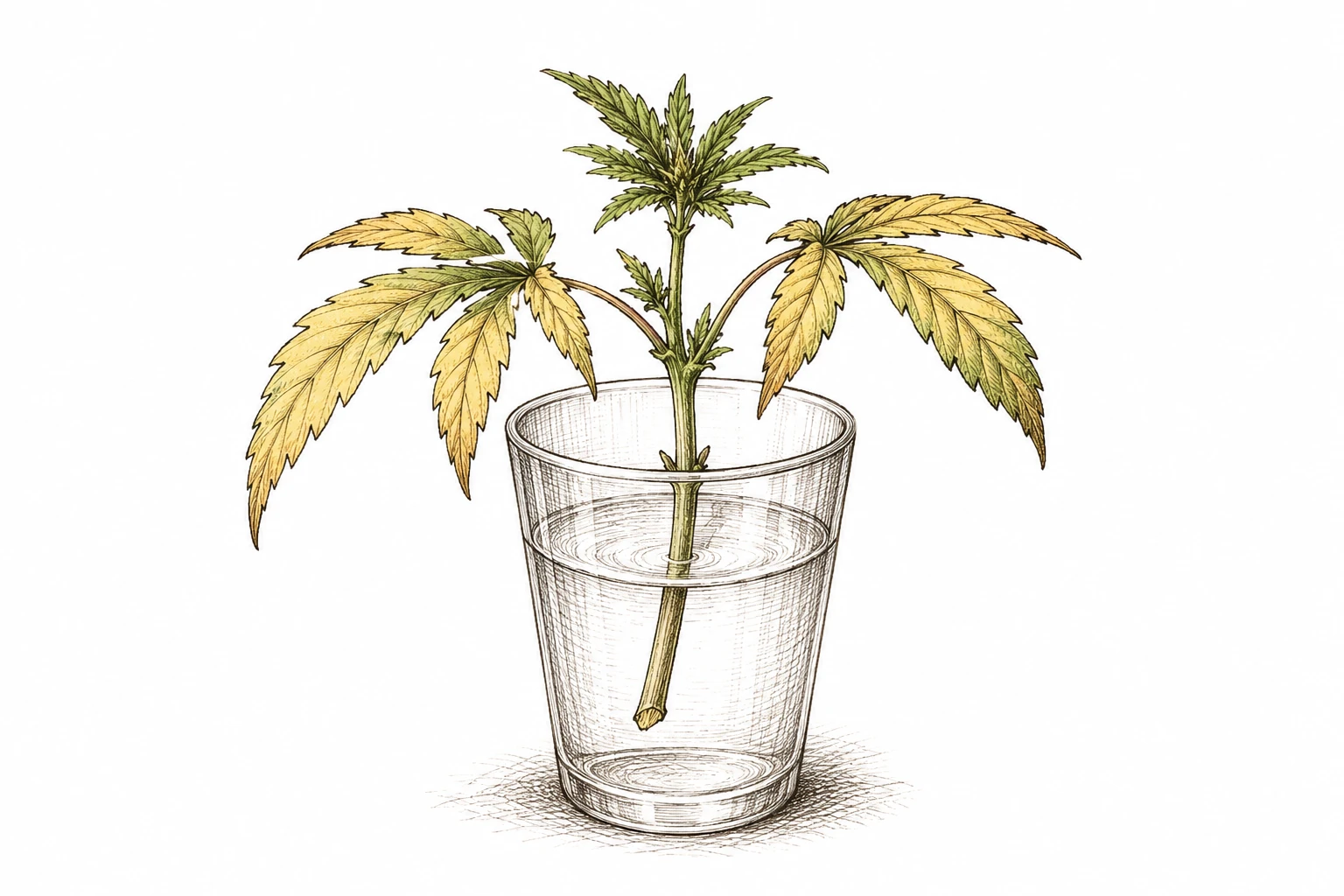 Cannabis Monster Cropping Bild 5 — Vergilbende Blätter und fehlende Wurzelbildung sind typische Anzeichen dafür, dass ein Monster-Cropping-Steckling nicht anwächst