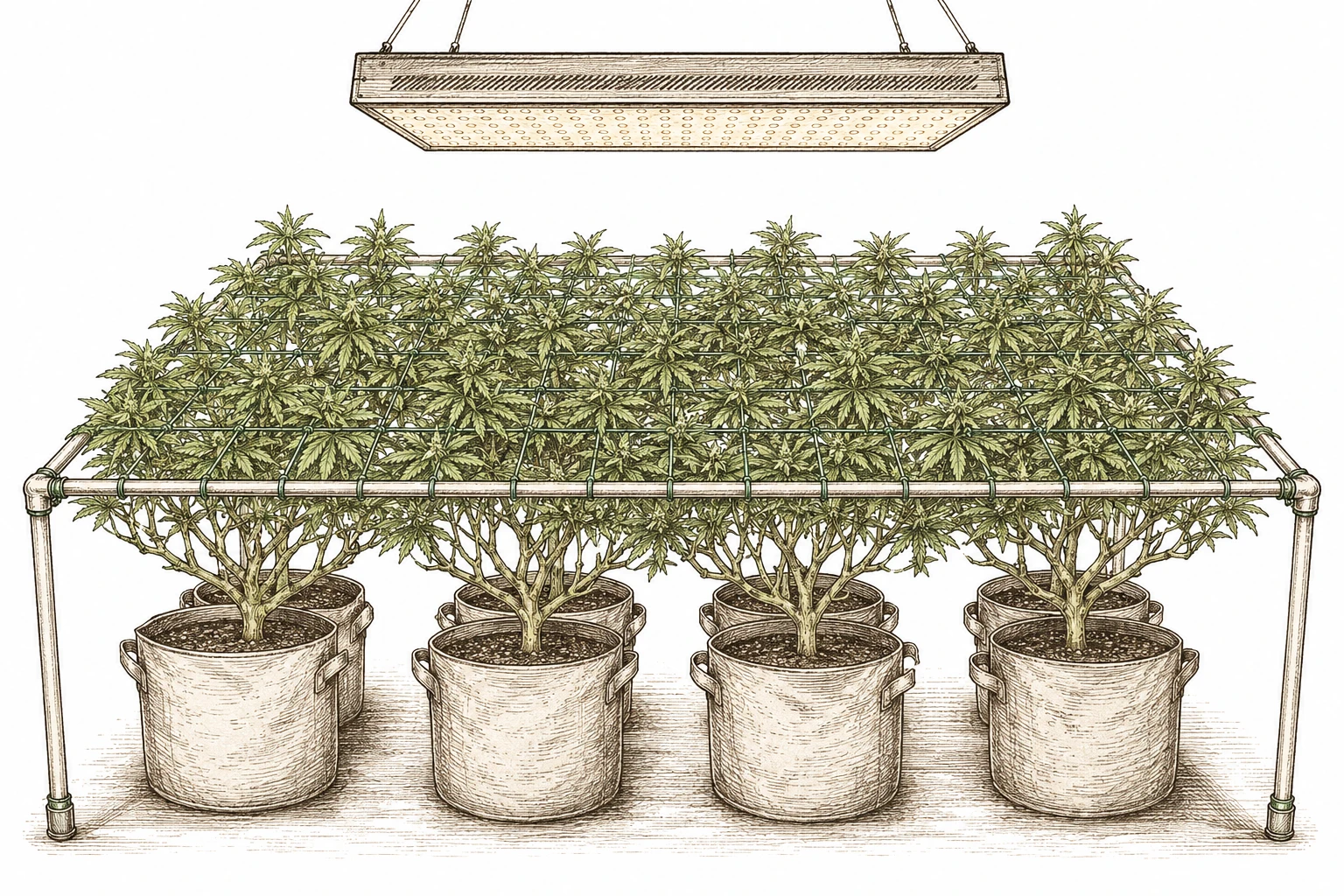 Cannabis Monster Cropping Bild 6 — Mehrere Monster-Cropping-Klone lassen sich ebenfalls durch ein SCRoG-Netz führen, für eine gleichmäßige Lichtverteilung
