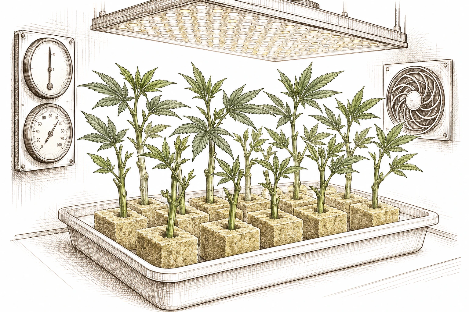 Cannabis Monster Cropping Bild 7 — Für die Bewurzelung in Steinwolle-Würfeln sind konstante Temperatur und Luftfeuchtigkeit besonders wichtig, daher lohnt sich eine Messgeräte-Überwachung