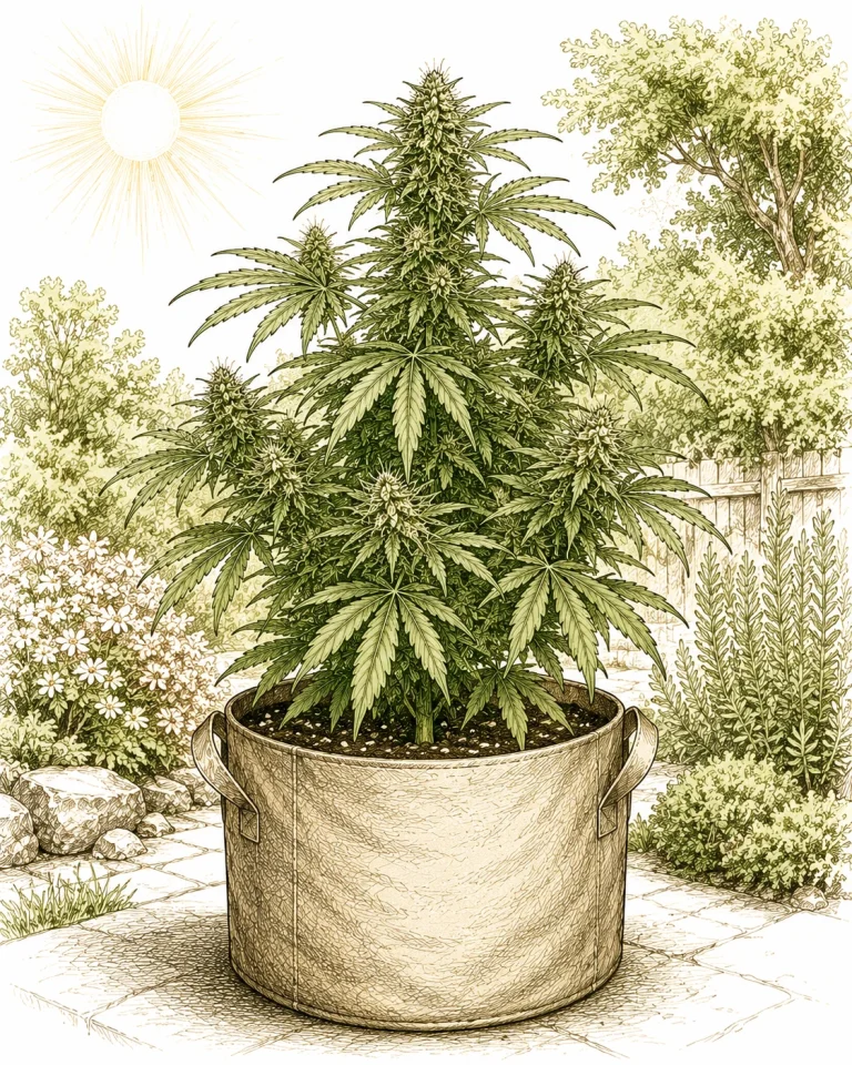 Cannabis Outdoor Anbau sonniger Garten großer Topf