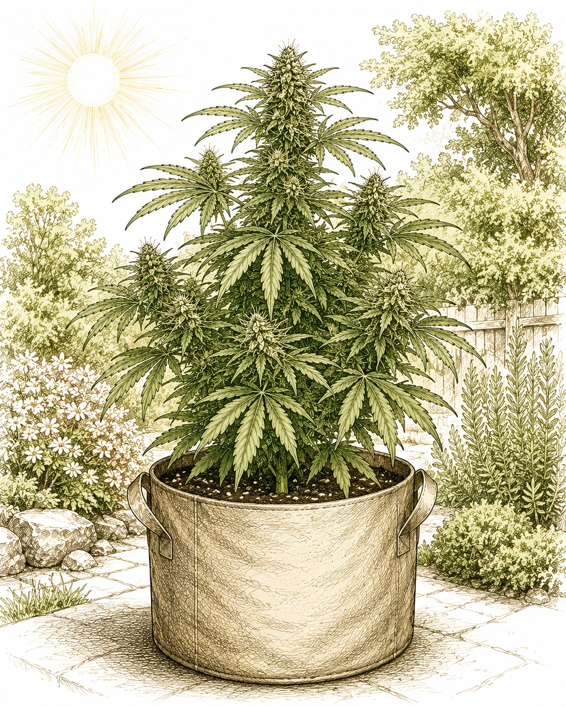 Cannabis Outdoor Anbau sonniger Garten großer Topf