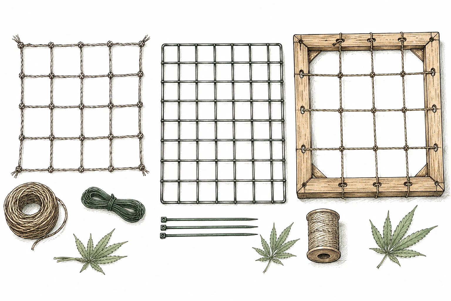 Cannabis SCRoG Bild 1 — Das SCRoG-Netz wird 20 bis 25 Zentimeter über den Töpfen gespannt, die Triebe werden horizontal hindurchgeführt