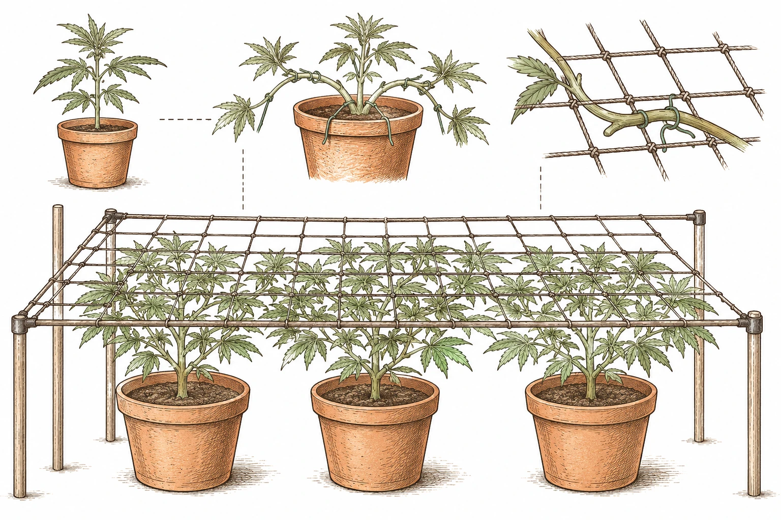 Cannabis SCRoG Bild 2 — Ohne Training wächst die Pflanze mit einem hohen Haupttrieb (links)