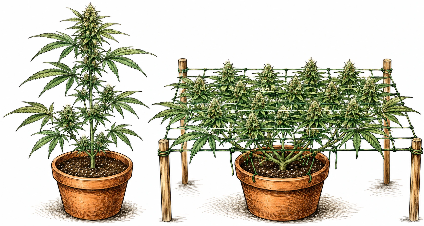 Cannabis SCRoG Bild 3 — Für ein SCRoG-Netz eignen sich Schnurnetze, Metallgitter oder ein selbstgebauter Holzrahmen mit Bindfaden
