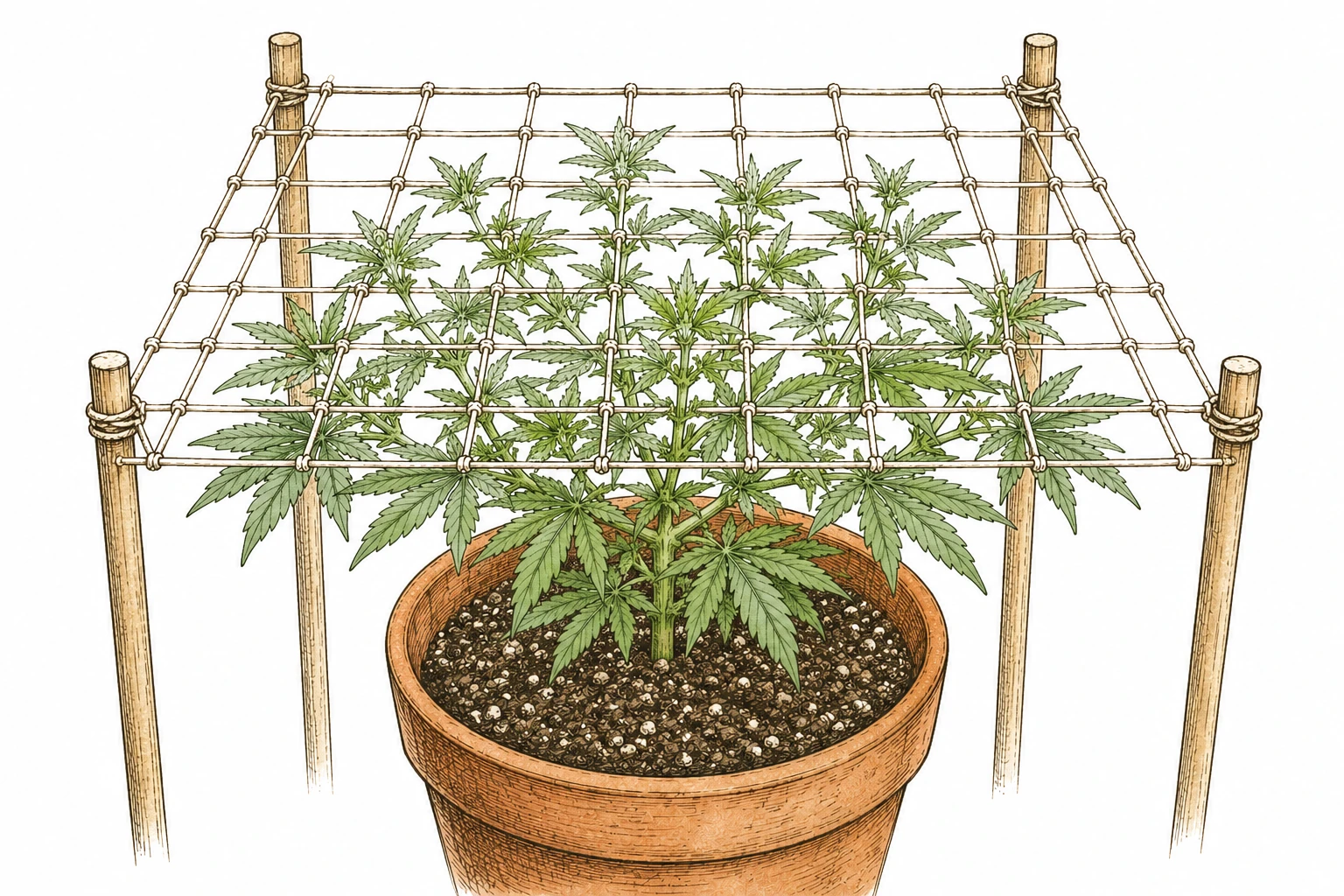 Cannabis SCRoG Bild 4 — Kurz nach dem Topping wird das Netz bereits montiert, damit die ersten Seitentriebe direkt eingewoben werden können