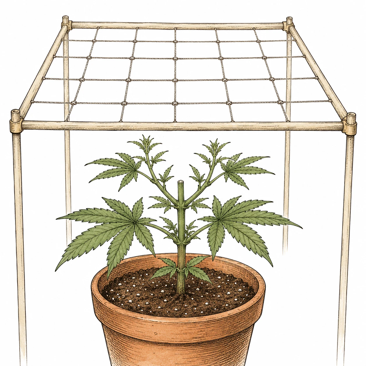 Cannabis SCRoG Bild 5 — Vom Aufbau des Netzes über das Einweben der ersten Triebe bis zum vollgefüllten Netz kurz vor der Blüte