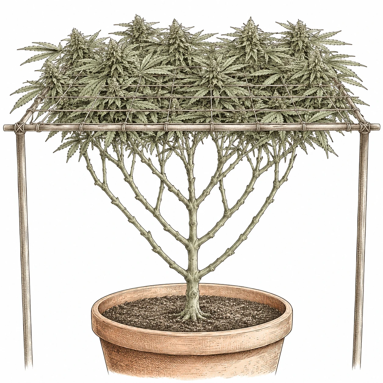 Cannabis SCRoG Bild 6 — Nach dem Lollipopping bleibt die untere Zone frei von Blättern und Popcorn-Buds, während oben im Netz ein dichter Blätterteppich entsteht