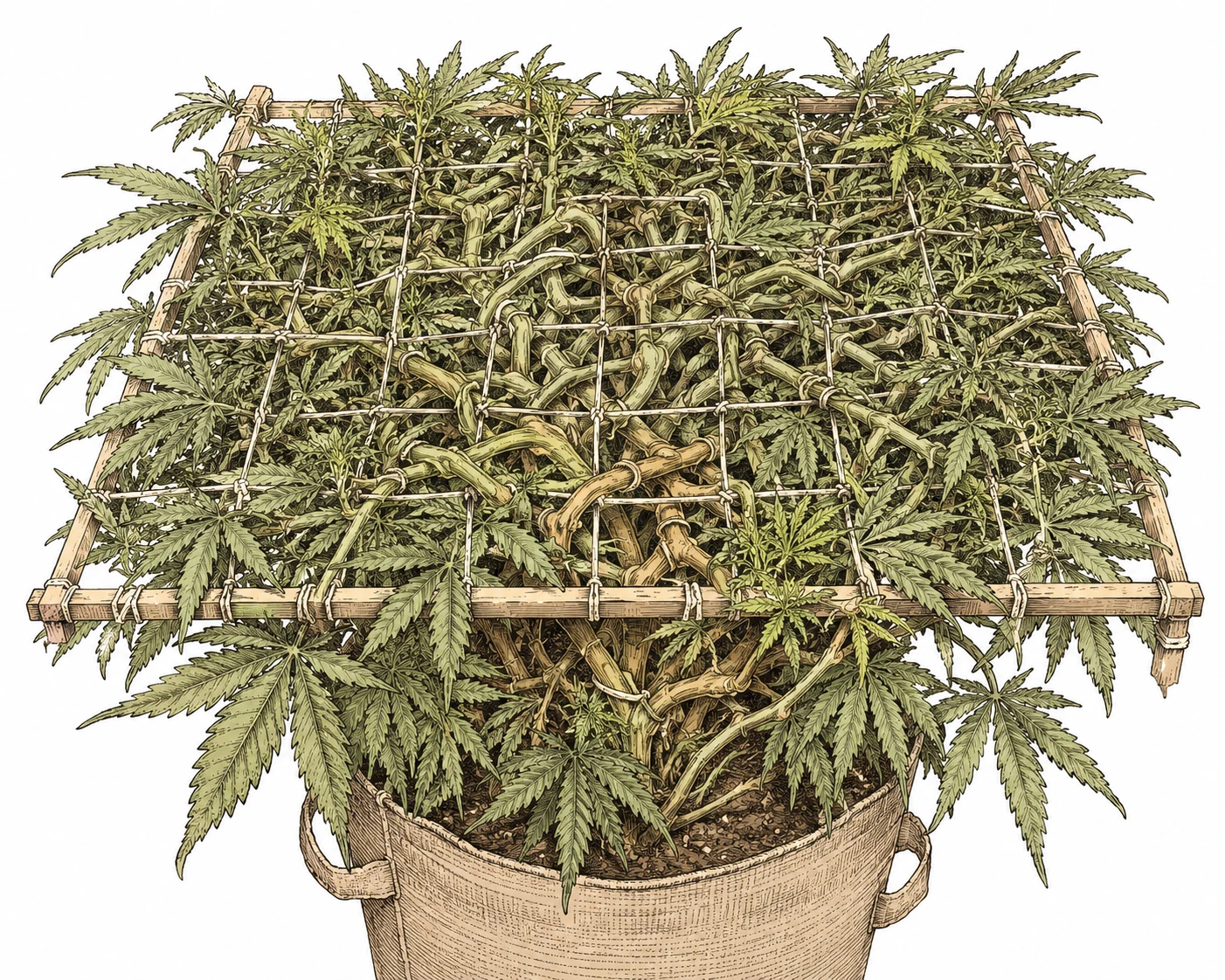 Cannabis SCRoG Bild 7 — Ein zu dicht bewachsenes Netz mit verknoteten Trieben behindert die Luftzirkulation