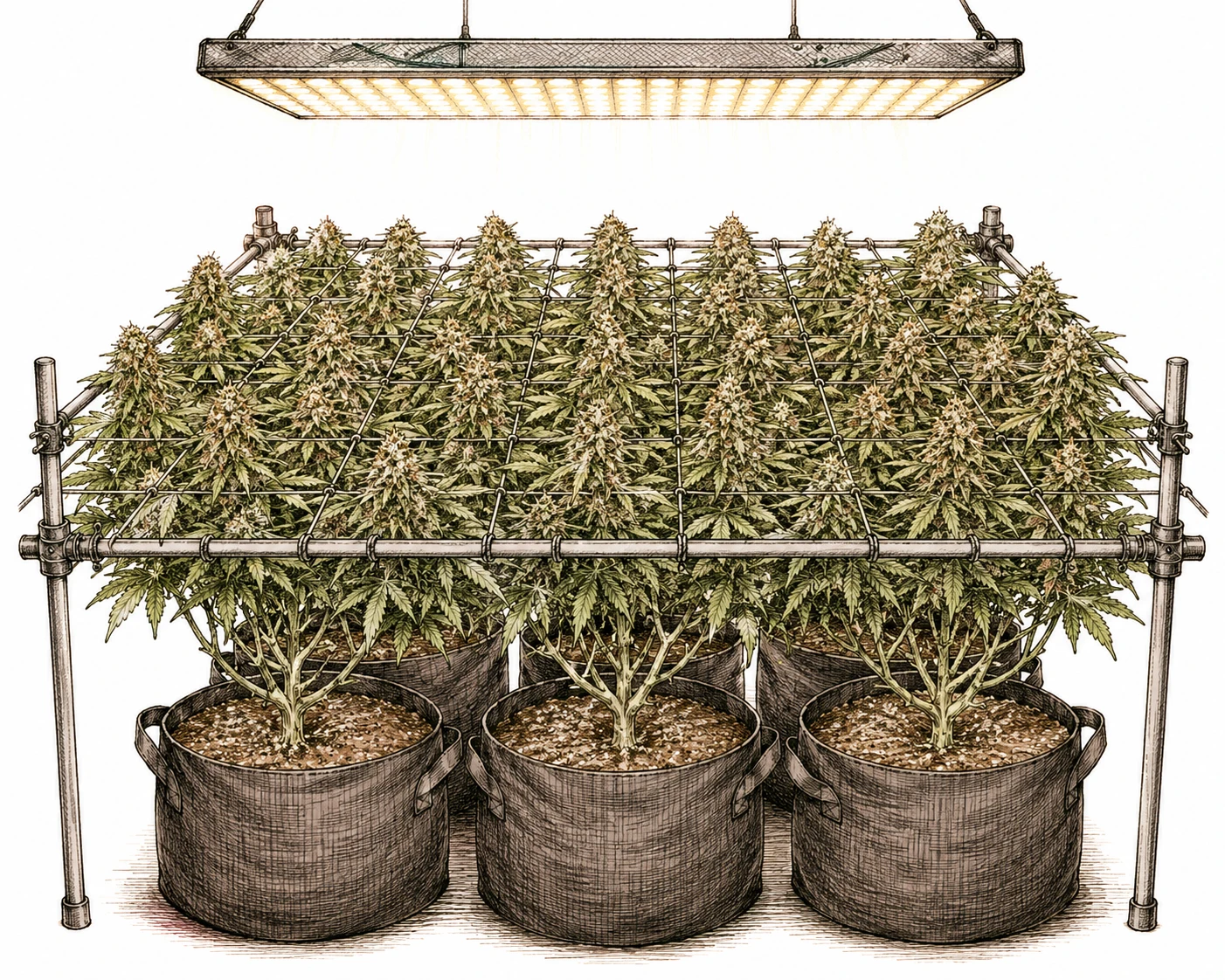Cannabis SCRoG Bild 8 — Kurz vor der Ernte zeigt sich der Vorteil von SCRoG: dichte Kolas auf gleichmäßiger Höhe, vollständig vom Licht erfasst