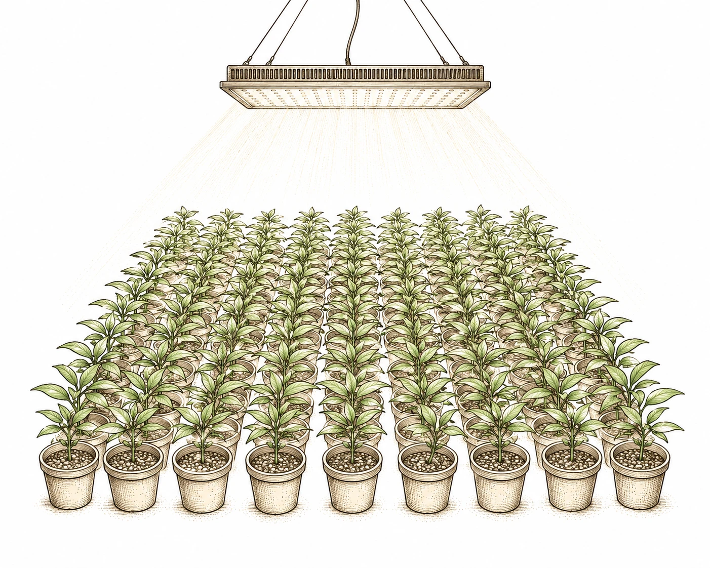 Cannabis Sea of Green Bild 1 — Beim Sea of Green wachsen viele kleine Pflanzen dicht nebeneinander, jede mit nur einer zentralen Kola