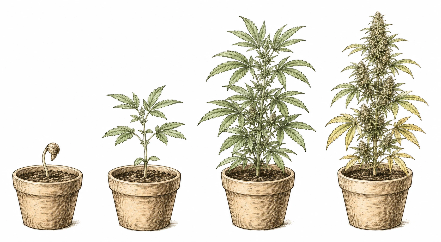 Cannabis Sea of Green Bild 2 — Der typische SoG-Ablauf: Keimung, kurze vegetative Phase, Blüteeinleitung und vergleichsweise schnelle Ernte