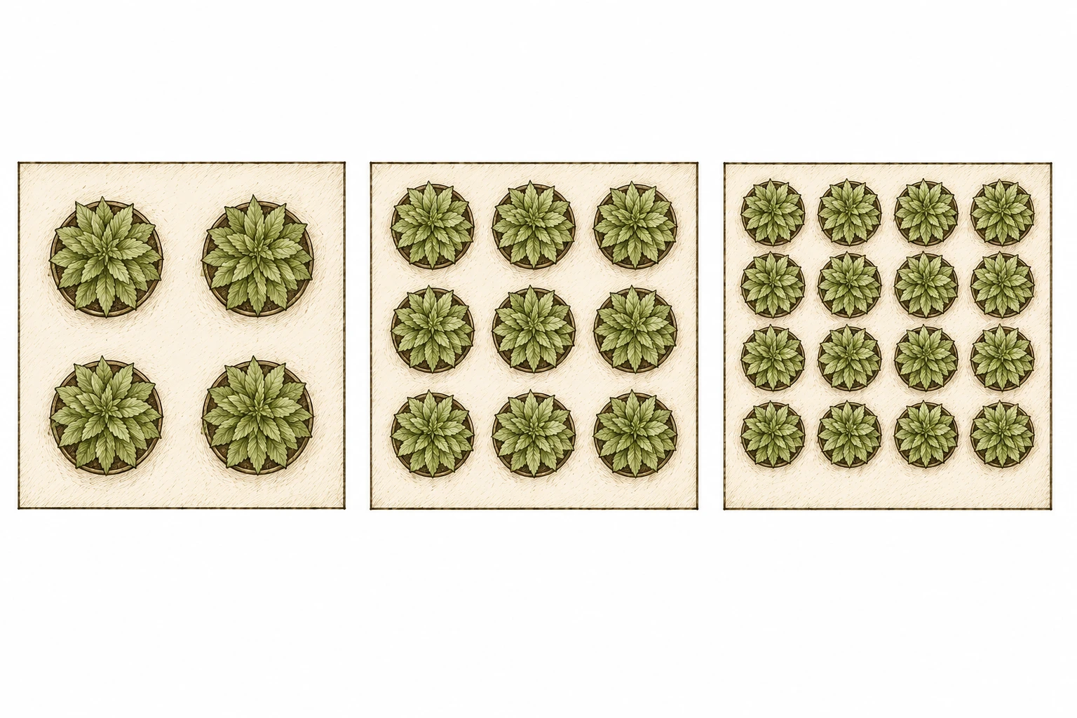 Cannabis Sea of Green Bild 3 — Je nach Zeltgröße lassen sich SoG-Setups mit 4, 9 oder 16 Pflanzen anlegen, mit entsprechend angepassten Abständen