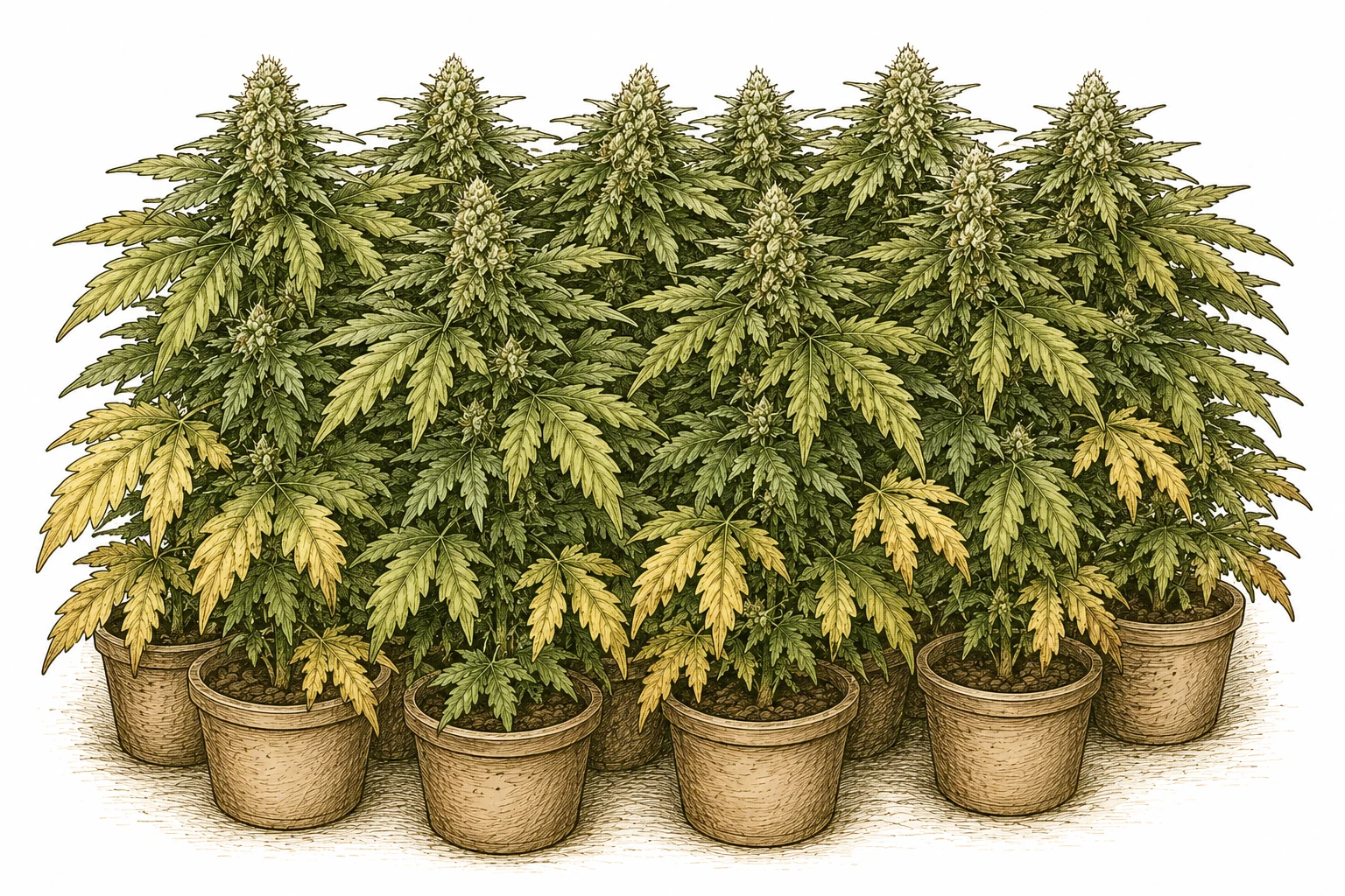 Cannabis Sea of Green Bild 6 — Stehen die Pflanzen zu dicht, drohen gelbe Blätter im unteren Bereich durch schlechte Luftzirkulation