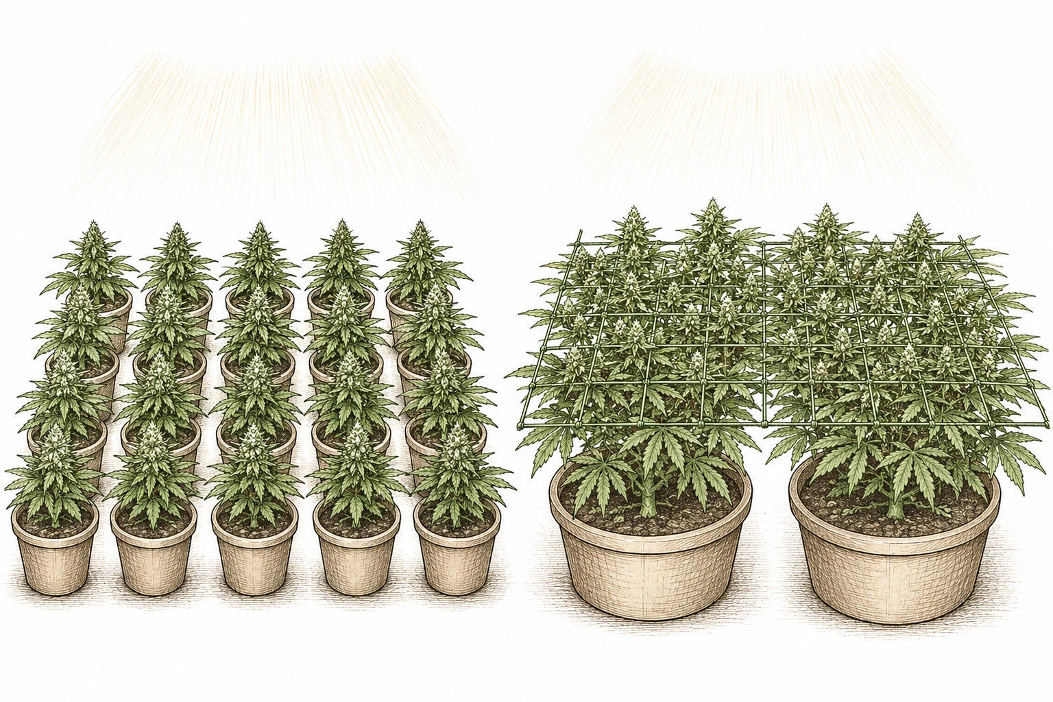 Cannabis Sea of Green Bild 7 — Vergleich SoG (viele kleine Pflanzen) und SCRoG (wenige große Pflanzen unter Netz)
