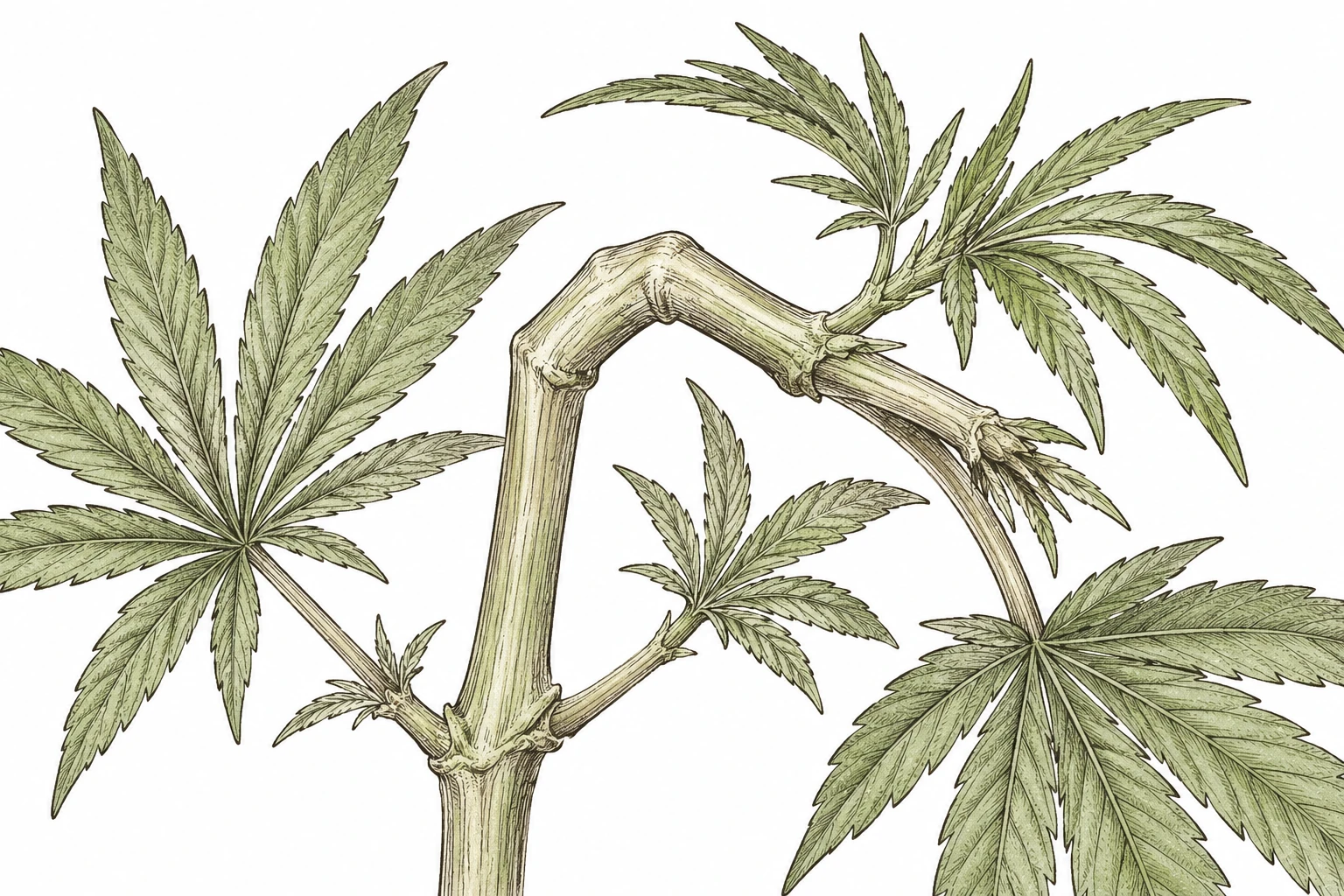 Cannabis Super Cropping Bild 1 — Direkt nach dem Super Cropping ist der Ast leicht abgeknickt und gequetscht, aber ohne offene Bruchstelle