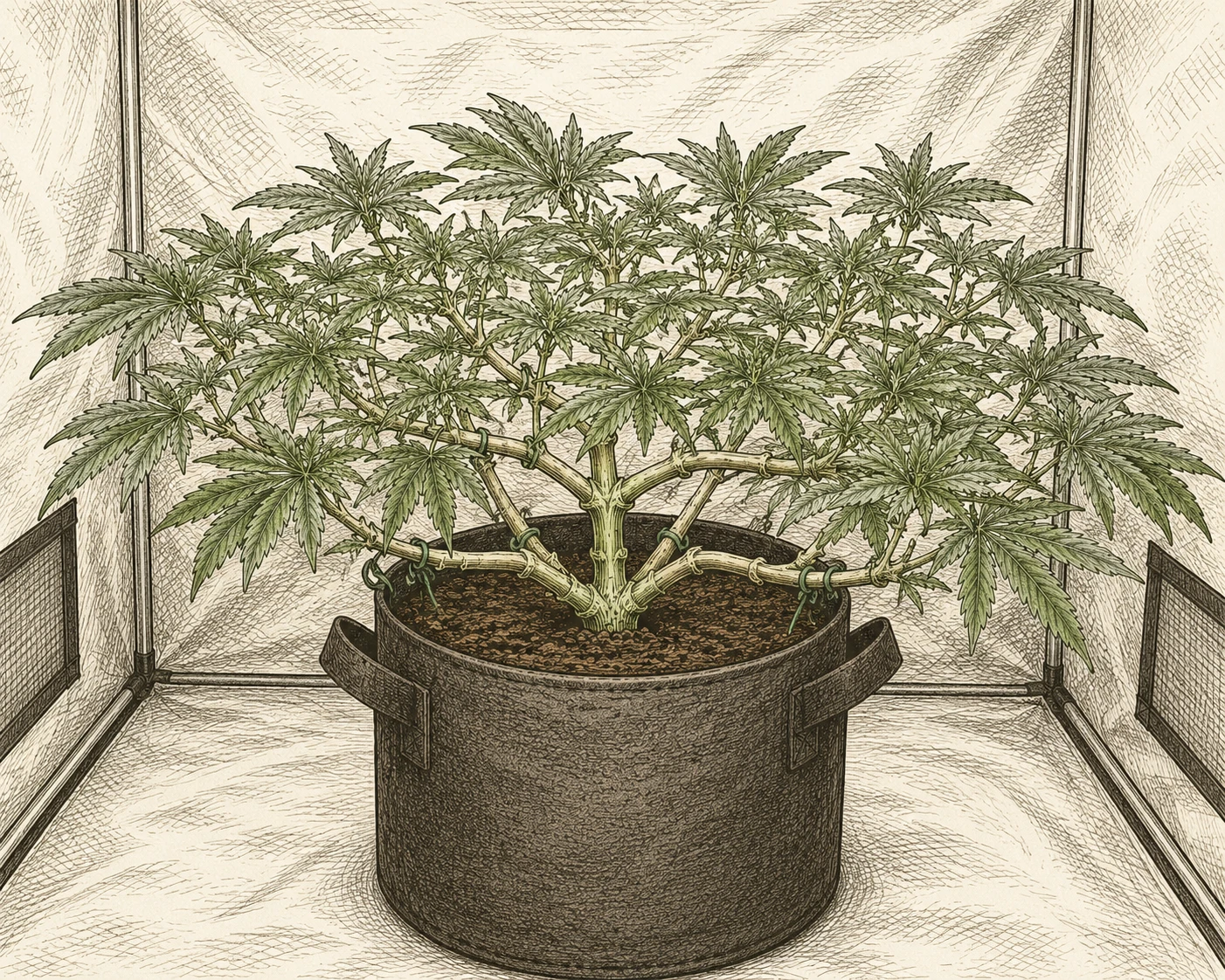 Cannabis Super Cropping Bild 4 — Mehrere geknickte Äste ergeben ein breites, flaches Blätterdach mit gleichmäßiger Lichtausbeute