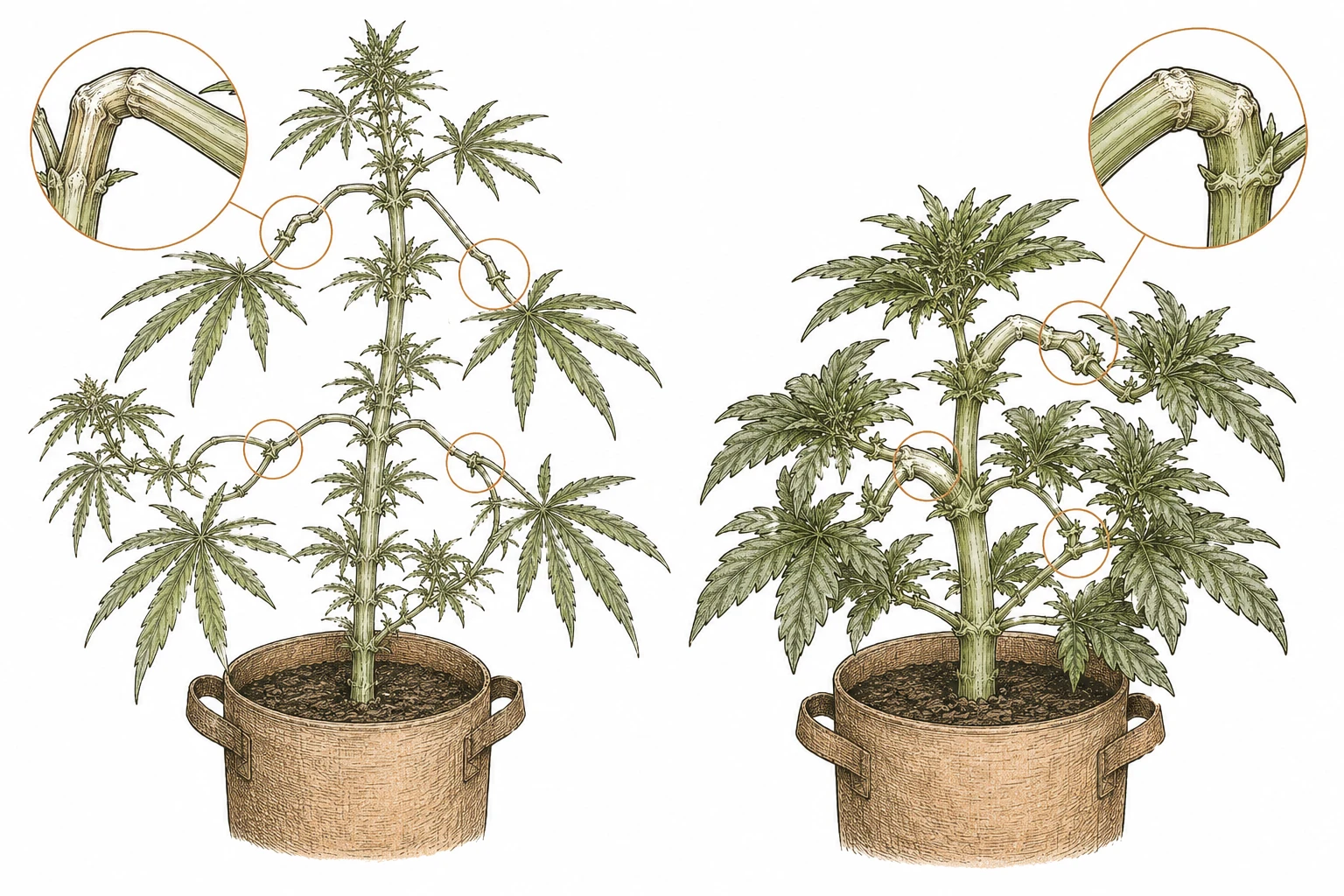 Cannabis Super Cropping Bild 6 — Sativa- und Indica-dominante Pflanzen reagieren unterschiedlich auf Super Cropping, je nach Aststruktur