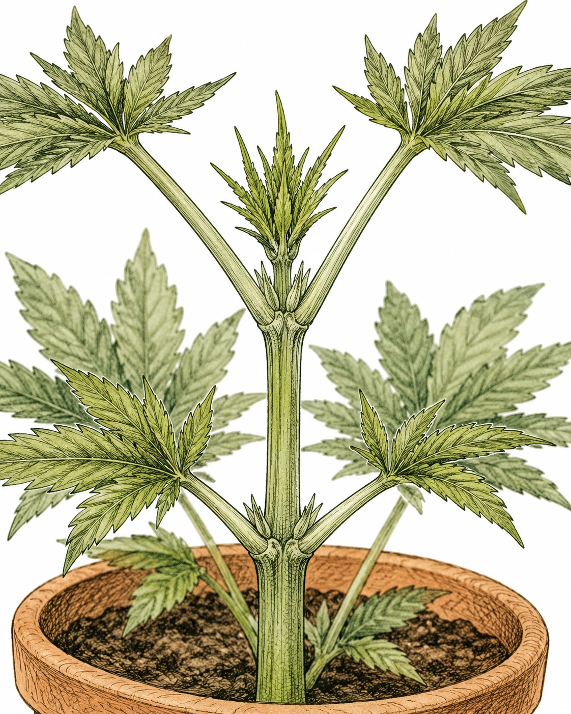 Cannabis Topping Bild 1 — Der Wachstumspunkt (Apikalmeristem) zwischen zwei Nodien ist die Stelle, an der beim Topping geschnitten wird