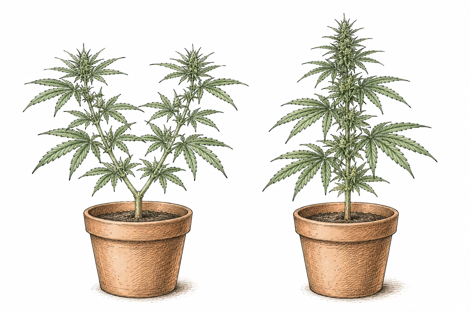 Cannabis Topping Bild 4 — Im Vergleich: eine getoppte Pflanze mit zwei symmetrischen Haupttrieben (links) und eine ungetoppte Pflanze mit einem dominanten Haupttrieb (rechts)