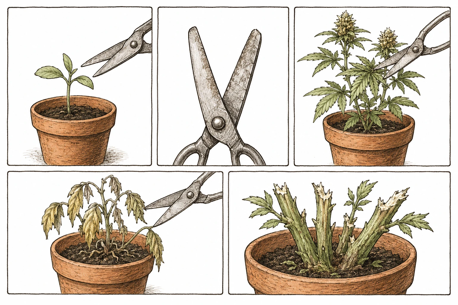 Cannabis Topping Bild 5 — Die fünf häufigsten Topping-Fehler: falscher Zeitpunkt, stumpfe Schere, Schnitt in der Blüte, Schnitt an kranken Pflanzen und ein unsauberer Schnitt