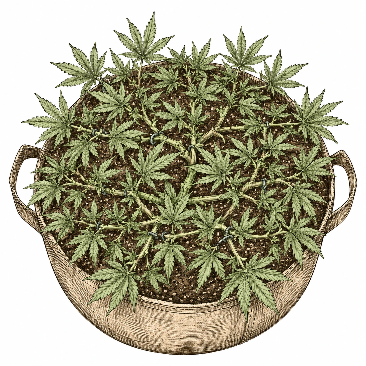 Cannabis Topping Bild 6 — Nach mehrfachem Topping in Kombination mit LST wächst die Pflanze breit statt hoch, mit gleichmäßig verteilten Trieben auf einer Ebene
