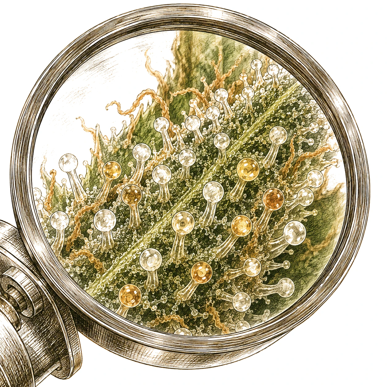 Cannabis Trichomköpfchen Juwelierlupe Nahaufnahme